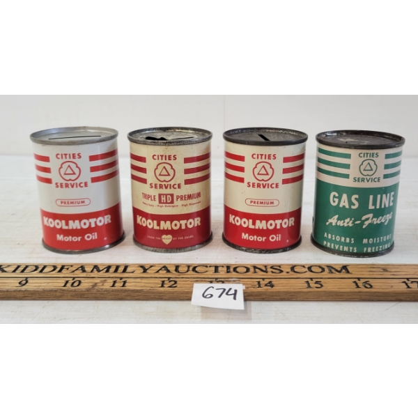 LOT OF 4 - CITIES SERVICE KOOLMOTOR MOTOR OIL & GAS LINE ANTI-FREEZE 4OZ CANS