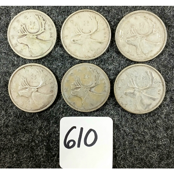 LOT OF 6 - 1942-1965 CDN 25 CENT COINS