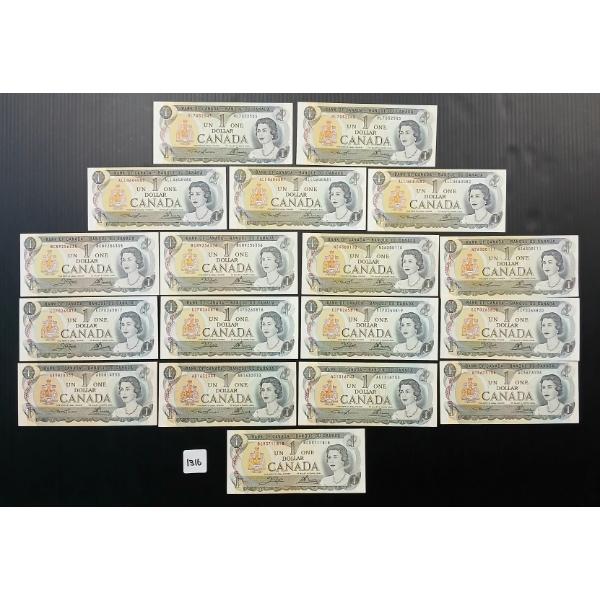 LOT OF 18 - 1973 CDN $1 BANKNOTES - INCL CONSECUTIVE