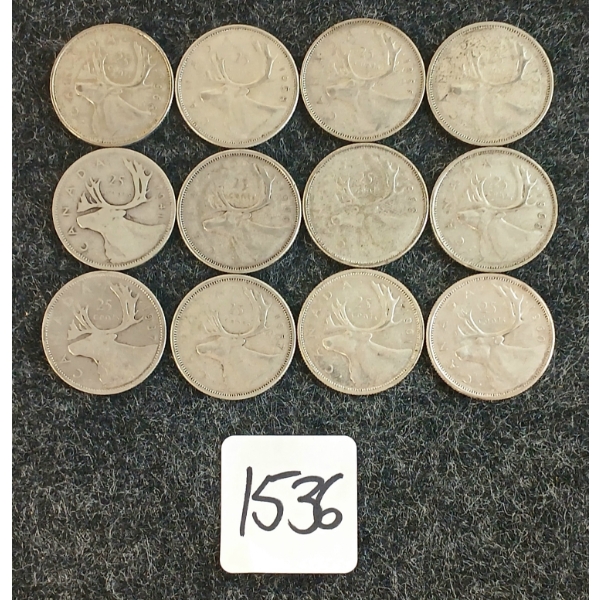 LOT OF 12 - 1937-1968 CDN 25 CENT COINS 