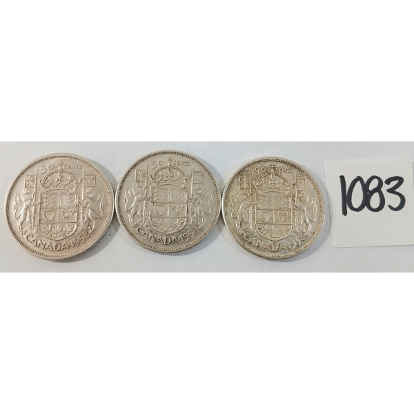 LOT OF 3 - 1958 CDN 50 CENT SILVER COINS