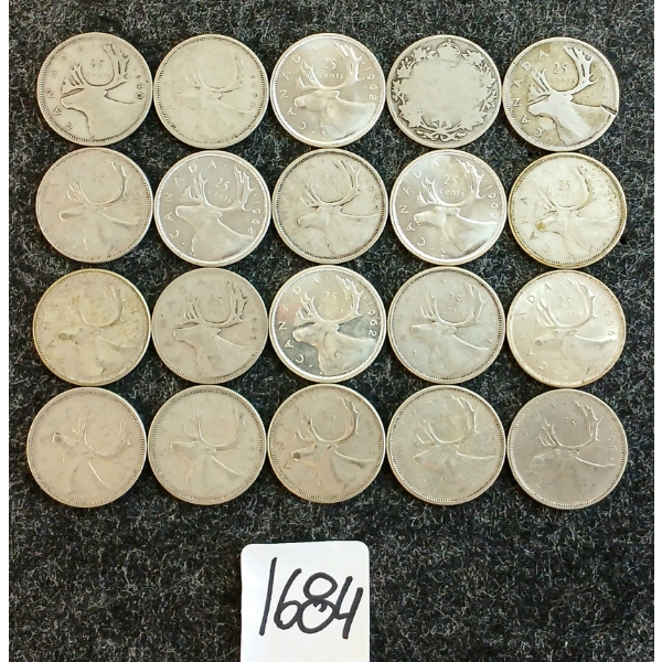 LOT OF 20 - 1940-1966 CDN 25 CENT COINS