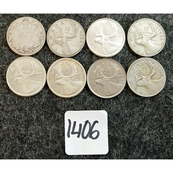 LOT OF 8 - 1935-1968 CDN 25 CENT COINS