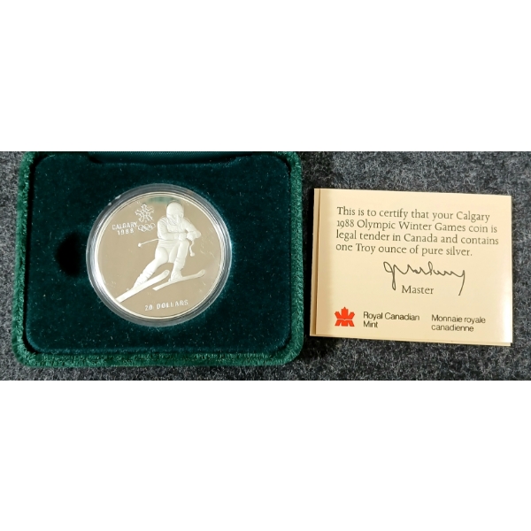 1988 RCM CALGARY OLYMPIC WINTER GAMES $20 SILVER COIN - DOWNHILL SKIING
