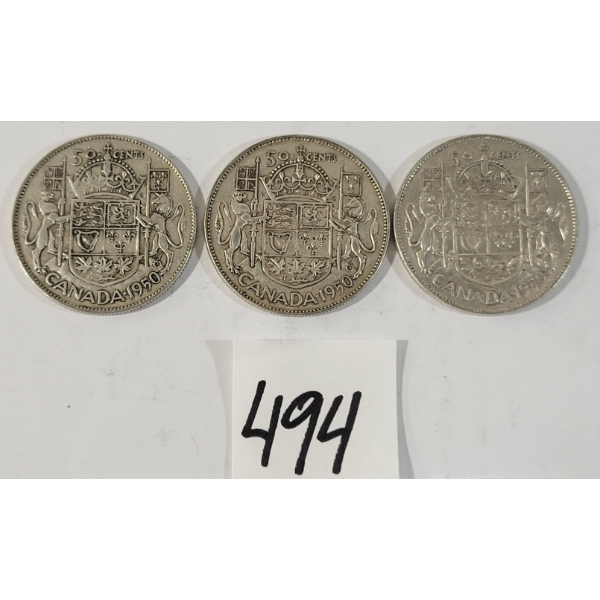 LOT OF 3 - 1950 CDN 50 CENT SILVER COINS