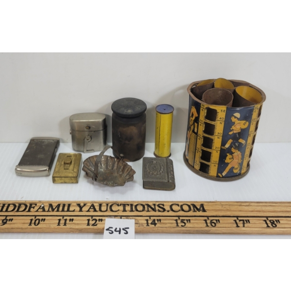 LOT OF 8 - MISC COIN BANKS, INKWELL & LIGHTERS