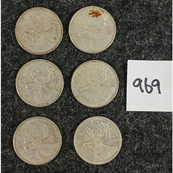 LOT OF 6 - 1968 CDN 25 CENT SILVER COINS