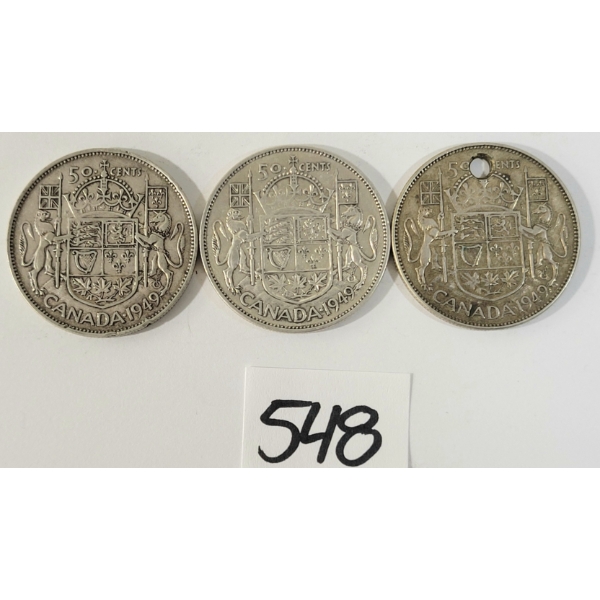 LOT OF 3 - 1949 CDN 50 CENT SILVER COINS