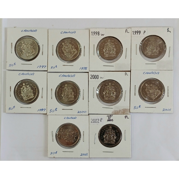LOT OF 10 - 1997-2002 CDN 50 CENT COINS