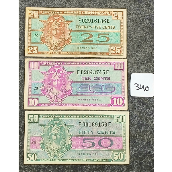 LOT OF 3 - US 10, 25 & 50 CENT MILITARY PAYMENT CERTIFICATES 