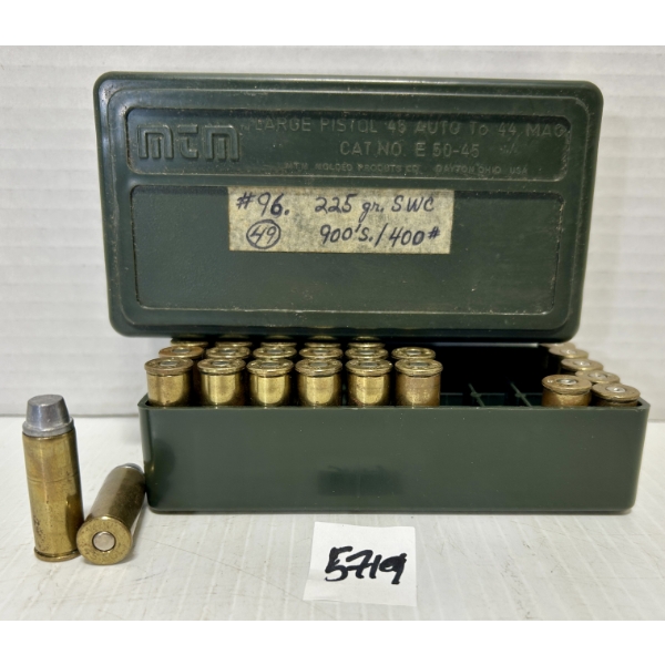 AMMO: 29X LIVE & 6X BRASS .45 COLT 225GR. SWC - RELOADS