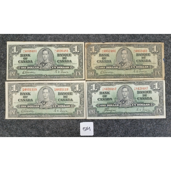 LOT OF 4 - 1937 CDN $1 BANKNOTES
