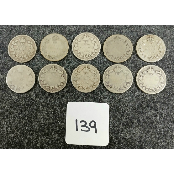 LOT OF 10 - 1915-1930 CDN 10 CENT COINS