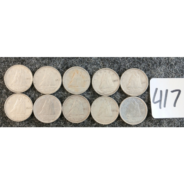 LOT OF 10 - 1947 CDN 10 CENT COINS