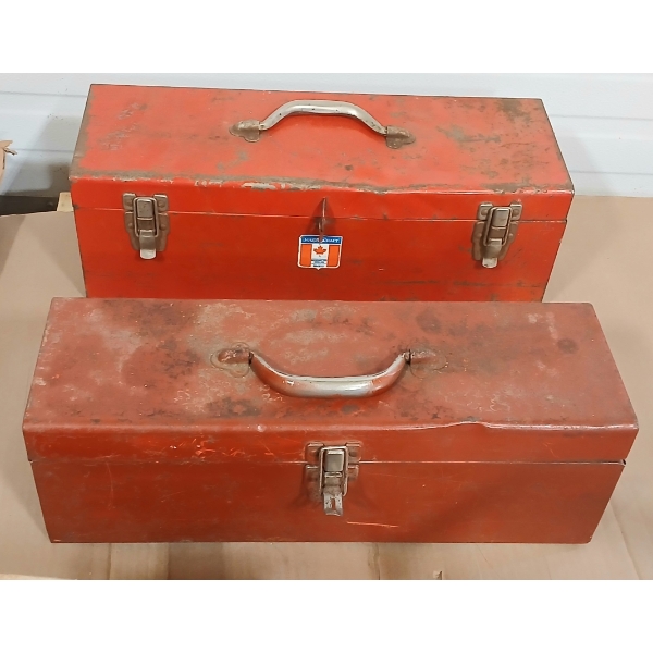 LOT OF 2 - TOOLBOXES W/ CONTENTS - MEASURING TAPES, PLIERS, WRENCHES, ETC