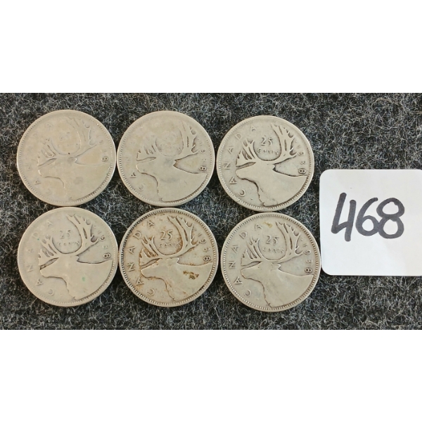 LOT OF 6 - 1938 CDN 25 CENT COINS