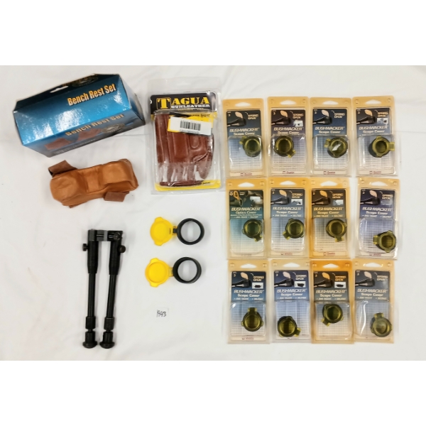 JOB LOT - LEATHER HANDGUN HOLSTER, BIPOD, BENCH REST SET & SCOPE COVERS