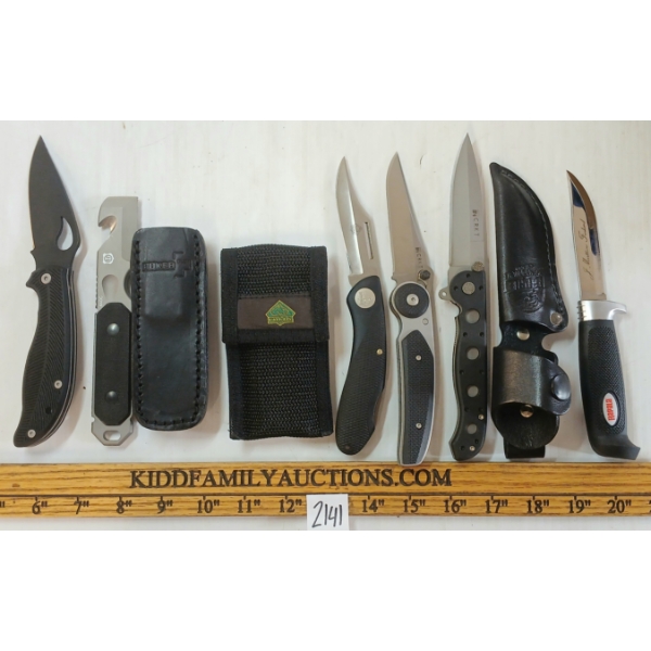 LOT OF 6 - ASSORTED FOLDING & FIXED BLADE KNIVES W/ SHEATHS