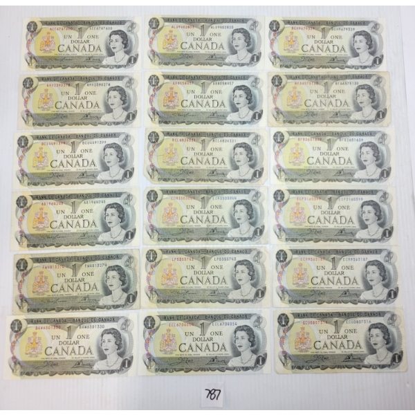 LOT OF 18 - 1973 CDN $1 BANKNOTES