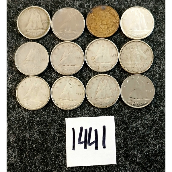 LOT OF 12 - 1950-1971 CDN 10 CENT COINS