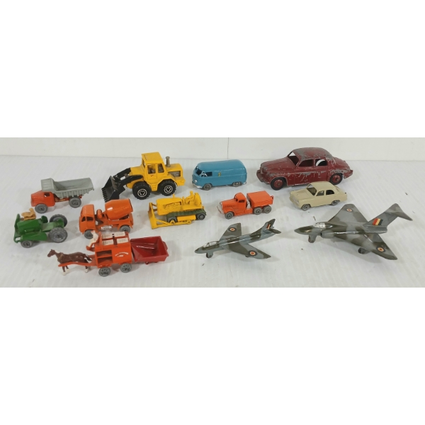 LOT OF 12 - LESNEY & DINKY DIECAST VEHICLE MODELS - INCL CEMENT TRUCK, TRACTOR, VOLKSWAGEN, ETC