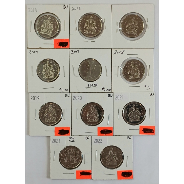 LOT OF 11 - 2014-2022 CDN 50 CENT COINS