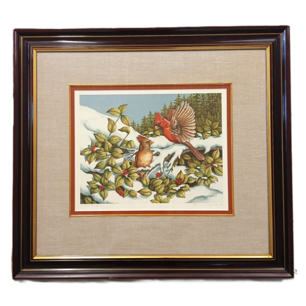  WINTER CARDINALS  BY CHRISTINE MARSHALL (PRS CDN ARTIST) - FRAMED PRINT 