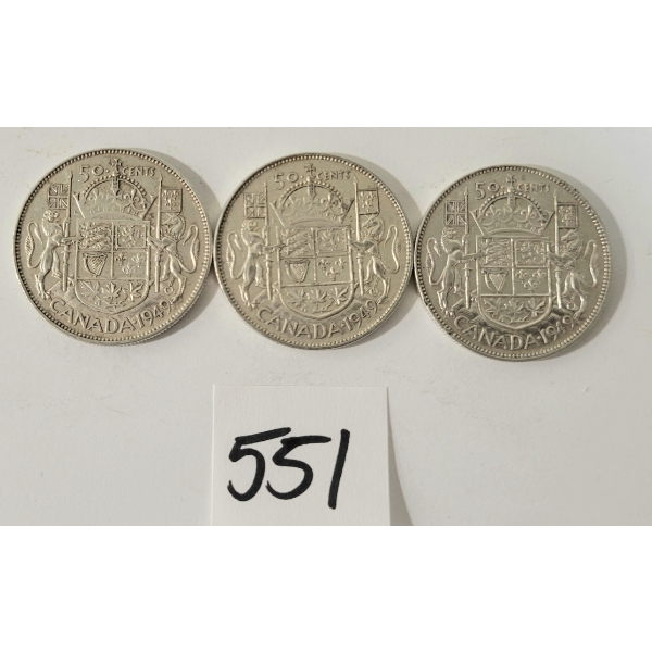 LOT OF 3 - 1949 CDN 50 CENT SILVER COINS