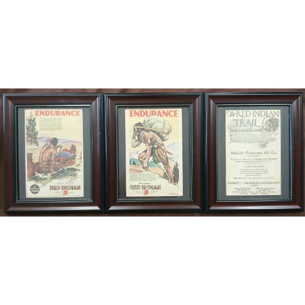 LOT OF 3 - FRAMED FRENCH & ENGLISH RED INDIAN PAPER ADVERTISEMENTS