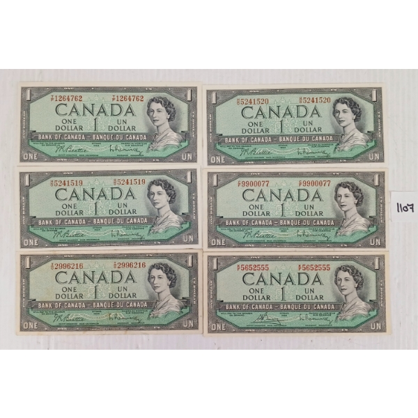 LOT OF 5 - 1954 CDN $1 BANKNOTES
