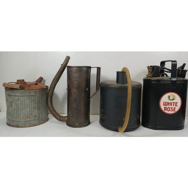 LOT OF 5 - FUEL CANS & SPOUT - INCL E. EDELMANN