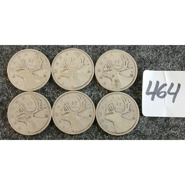 LOT OF 6 - 1938 CDN 25 CENT COINS