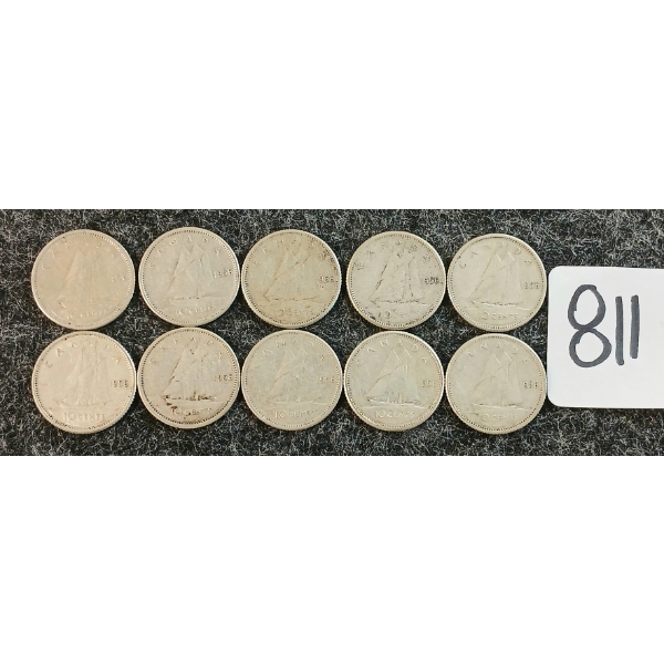 LOT OF 10 - 1956 CDN 10 CENT COINS