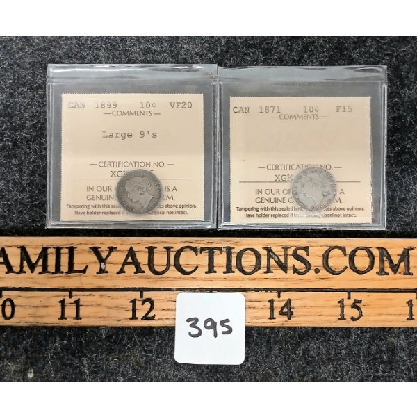 LOT OF 2 - 1871 & 1899 CDN SILVER 10 CENT COINS - ICCS GRADED