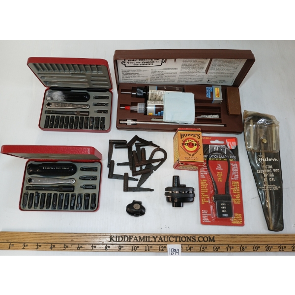 JOB LOT - PISTOL CLEANING KIT, GUN SCREWDRIVER SET, TRIGGER LOCKS & MISC PARTS