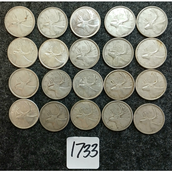 LOT OF 20 - 1950-1968 CDN 25 CENT COINS