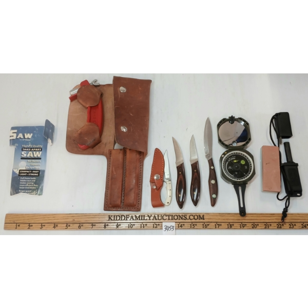 LOT OF 8 - GERBER STRIKER, SAW SET, LENSATIC COMPASS, SHARPENING STONE & SMALL FIXED BLADE KNIVES