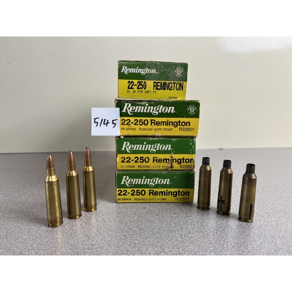 AMMO/BRASS: 22X LIVE MIXED .22-250, 56X BRASS  
