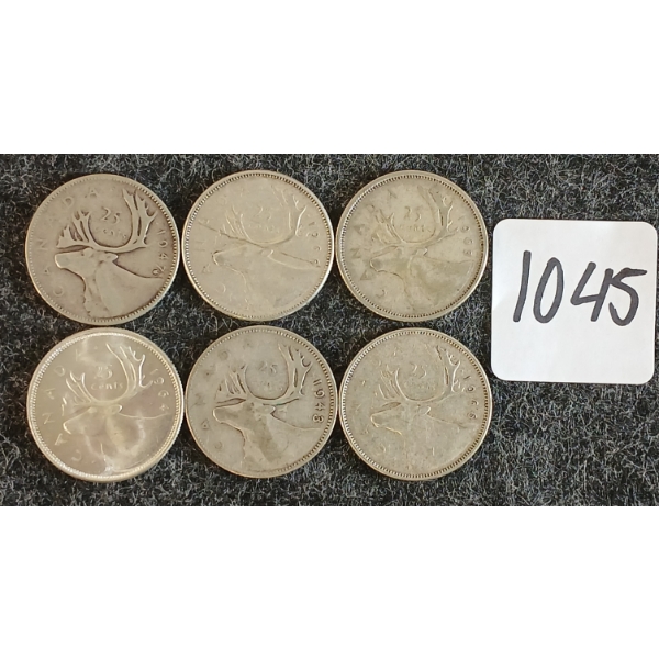 LOT OF 6 - 1943-1966 CDN 25 CENT COINS