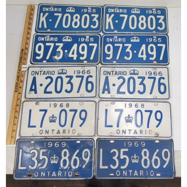 LOT OF 5 - PAIRS OF ONTARIO LICENCE PLATES - INCL 1965 & '66, ETC.