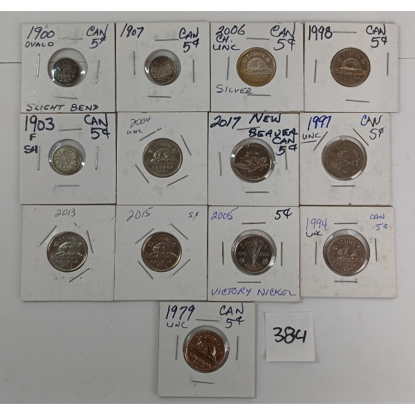 LOT OF 13 - 1900 - 2017 CDN 5 CENT COINS