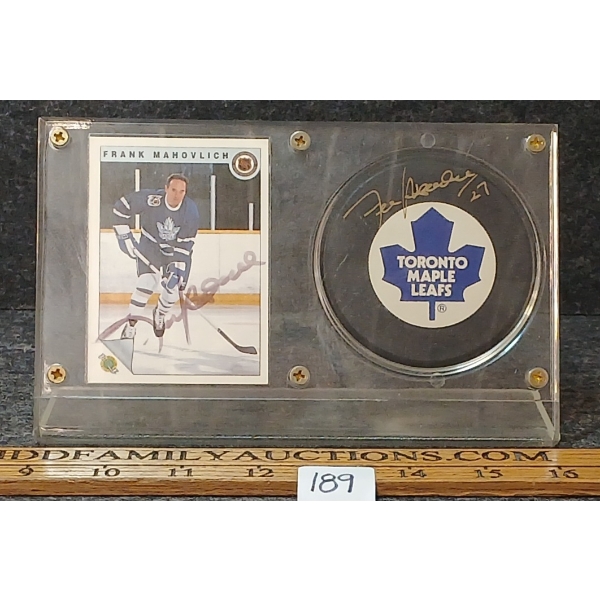1992 UTC NHL TORONTO MAPLE LEAFS FRANK MAHOVLICH HOCKEY CARD & PUCK - AUTOGRAOHED