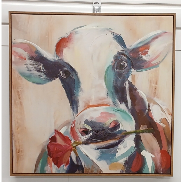COW WITH ROSE BY UNKNOWN ARTIST - FRAMED PRINT ON CANVAS