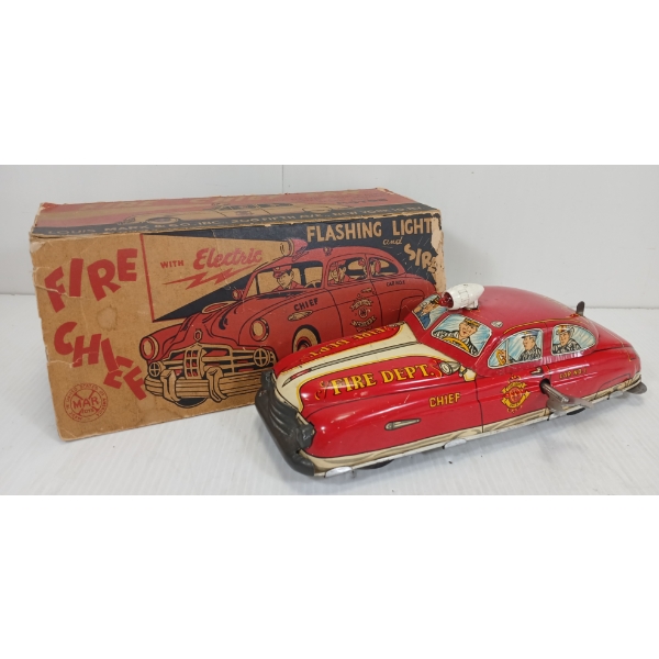 MARK TOYS LITHO TIN BATTERY OP FRICTION CAR - FIRE DEPT. CHIEF 