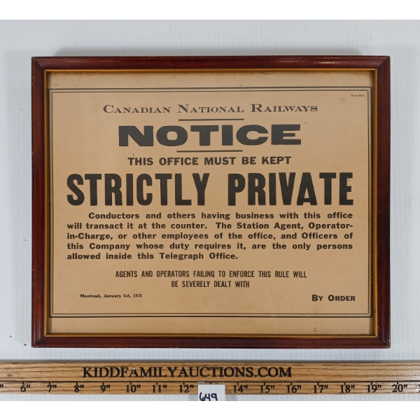 1925 CNR NOTICE - STRICTLY PRIVATE FRAMED ORDER SIGN