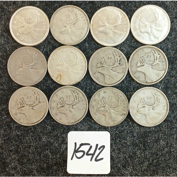 LOT OF 12 - 1937-1965 CDN 25 CENT COINS 