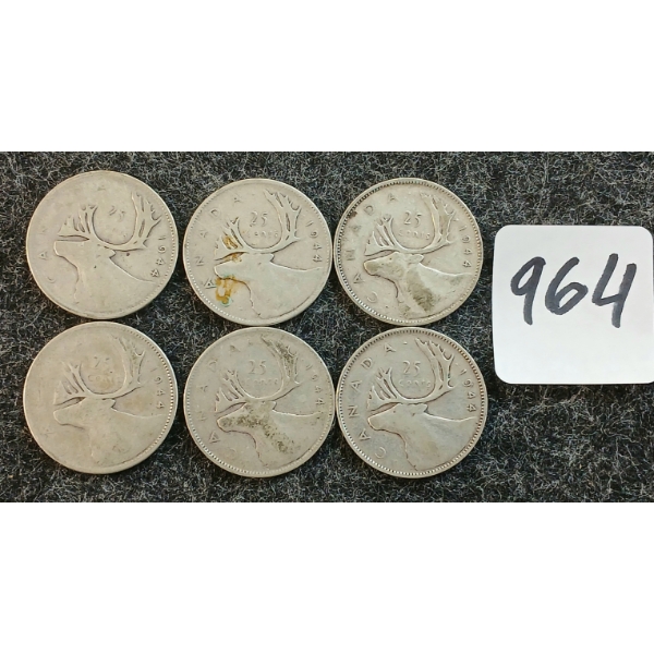 LOT OF 6 - 1944 CDN 25 CENT COINS