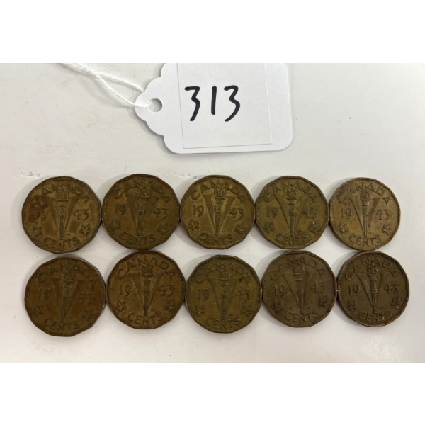 10X 1943 CANADIAN FIVE CENT COINS - "TOMBAC" NICKLES