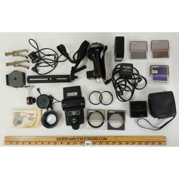 JOB LOT - CAMERA ACCESSORIES - INCL LENSES, FLASH ATTACHMENTS, STRAPS, ETC