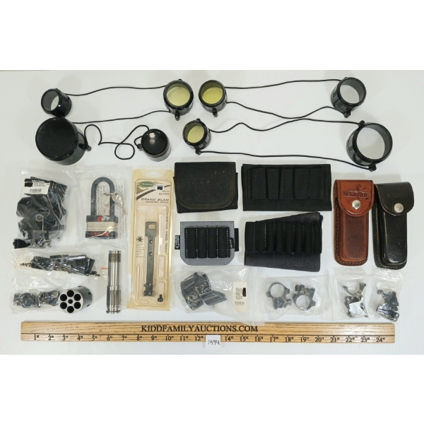 JOB LOT - HUNTING & MISC GUN PARTS - RUGER 1 IN HIGH SCOPE RINGS, LENS COVER, ETC